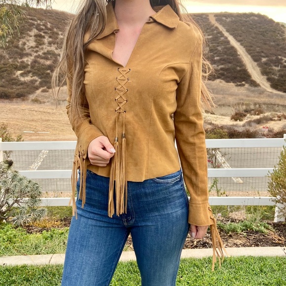 Vintage Paolo Santini 100% Suede Leather Lace Up Bohemian Long Sleeve Top - Picture 2 of 15